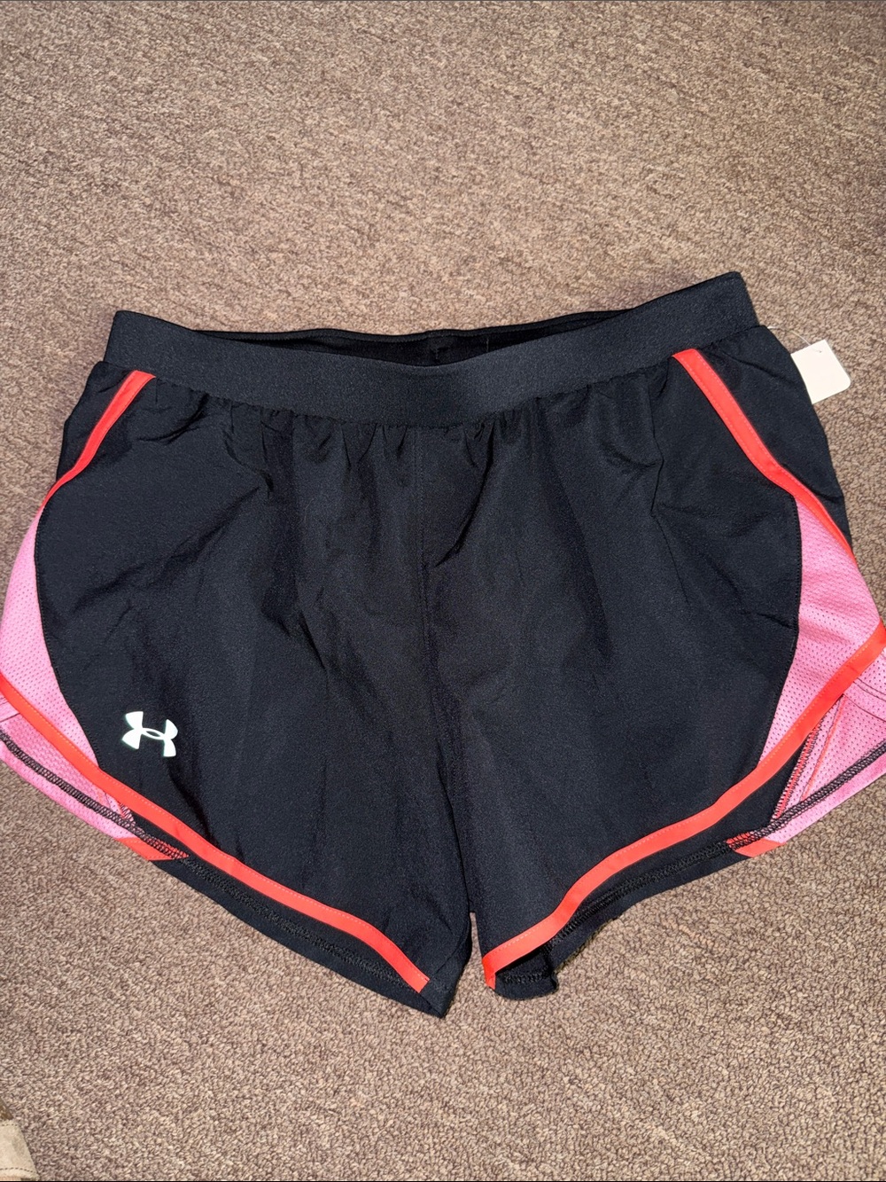 Under Armour Black Athletic Shorts with Pink Panels and Red Trim